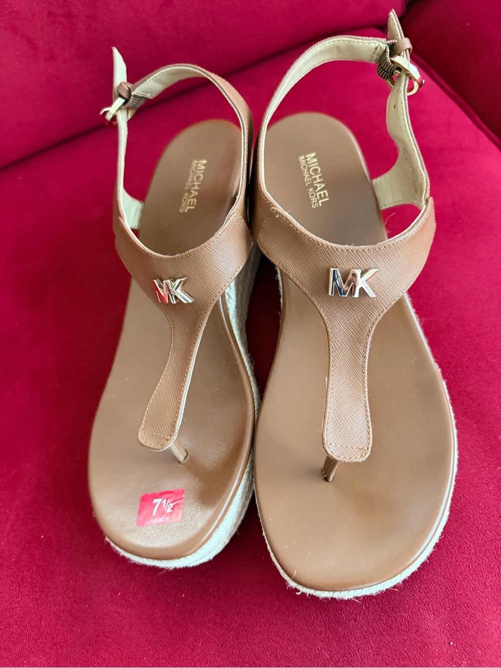 Michael Kors Brown Leather T-Strap Wedge Sandals